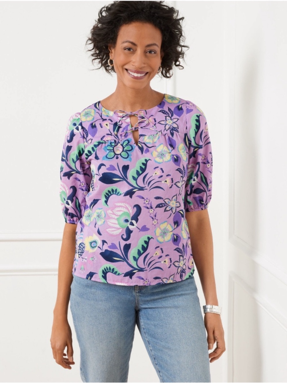 Talbots Tie Front Top Jacobean Floral Purple Cotton Blouse Size S